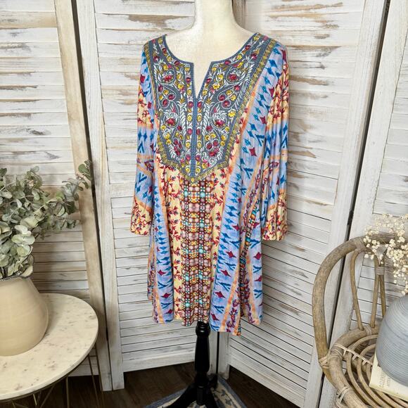 SOFT SURROUNDINGS Womens XL Boho Colorful Embroidered Tunic Top 3/4 Sleeve Artsy - Picture 6 of 16